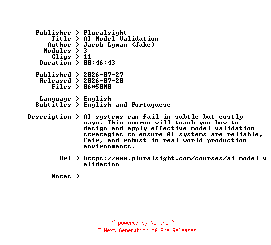 NFO for the release Pluralsight.AI.Model.Validation.2026.BOOKWARE-GETH by GETH