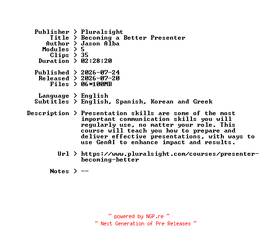 NFO for the release Pluralsight.Becoming.a.Better.Presenter.2026.BOOKWARE-GETH by GETH