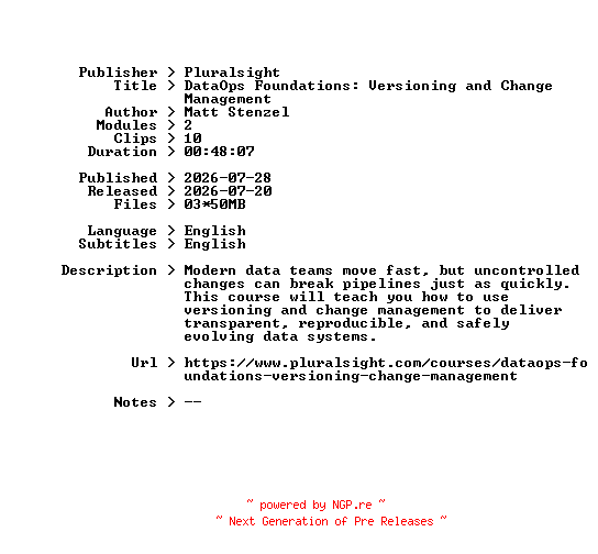 NFO for the release Pluralsight.DataOps.Foundations.Versioning.and.Change.Management.2026.BOOKWARE-GETH by GETH