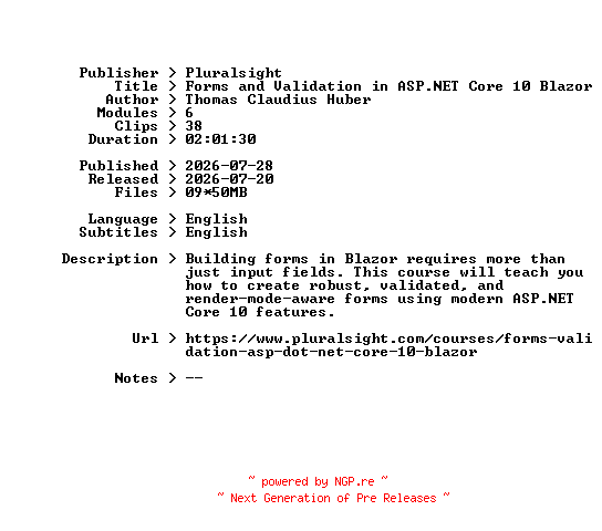 NFO for the release Pluralsight.Forms.and.Validation.in.ASP.NET.Core.10.Blazor.2026.BOOKWARE-GETH by GETH