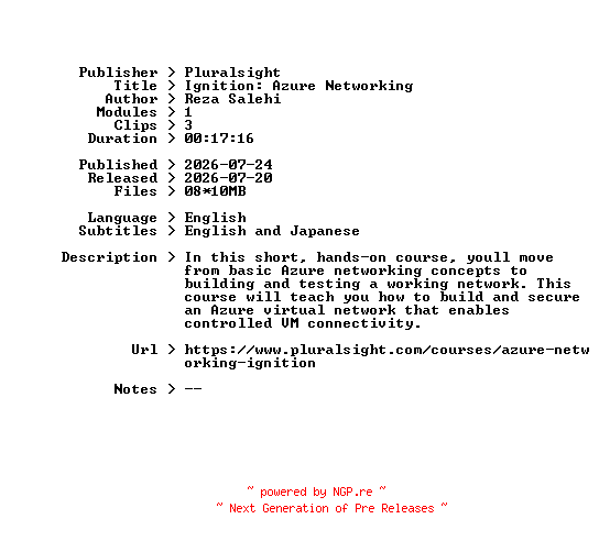 NFO for the release Pluralsight.Ignition.Azure.Networking.2026.BOOKWARE-GETH by GETH