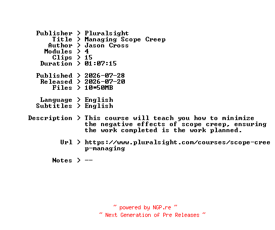 NFO for the release Pluralsight.Managing.Scope.Creep.2026.BOOKWARE-GETH by GETH