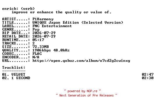 NFO for the release P1Harmony-UNIQUE_Japan_Edition_(Selected_Version)-JP-24BIT-WEB-FLAC-2026-ENRiCH by ENRiCH