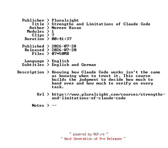 NFO for the release Pluralsight.Strengths.and.Limitations.of.Claude.Code.2026.BOOKWARE-GETH by GETH