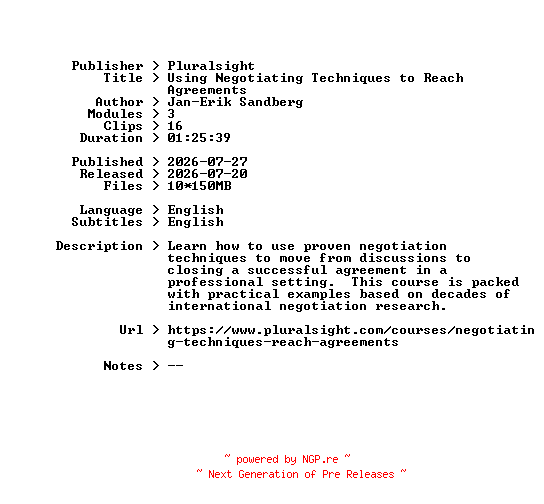 NFO for the release Pluralsight.Using.Negotiating.Techniques.to.Reach.Agreements.2026.BOOKWARE-GETH by GETH