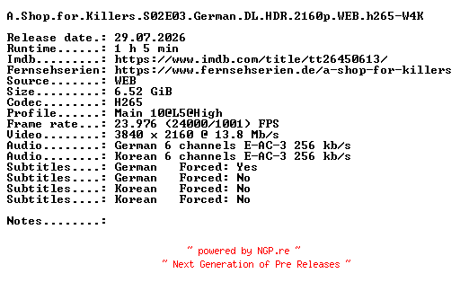 NFO for the release A.Shop.for.Killers.S02E03.German.DL.HDR.2160p.WEB.h265-W4K by W4K