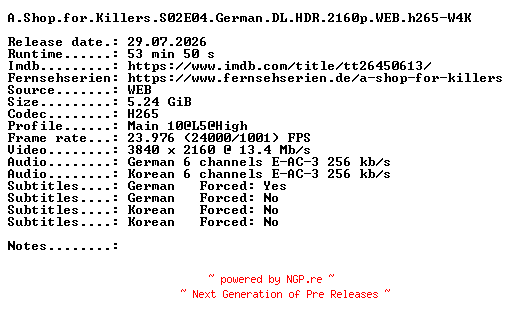 NFO for the release A.Shop.for.Killers.S02E04.German.DL.HDR.2160p.WEB.h265-W4K by W4K