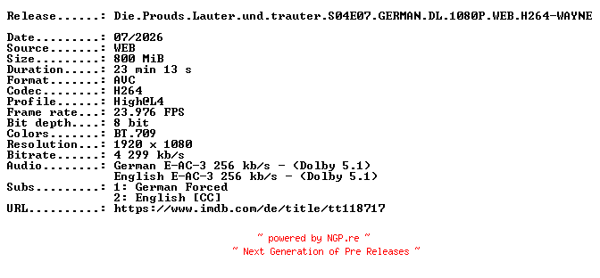 NFO for the release Die.Prouds.Lauter.und.trauter.S04E07.GERMAN.DL.1080P.WEB.H264-WAYNE by WAYNE