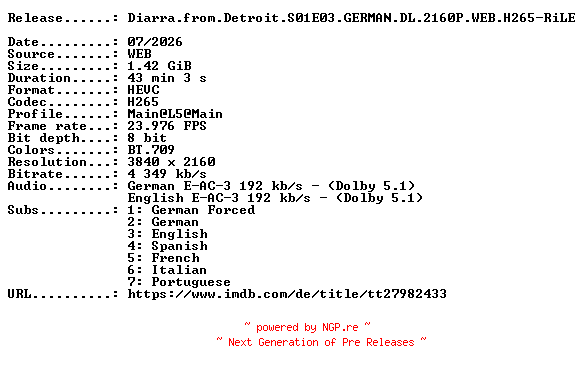 NFO for the release Diarra.from.Detroit.S01E03.GERMAN.DL.2160P.WEB.H265-RiLE by RiLE