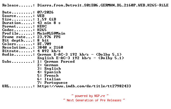 NFO for the release Diarra.from.Detroit.S01E06.GERMAN.DL.2160P.WEB.H265-RiLE by RiLE