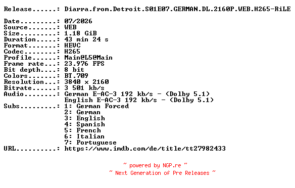 NFO for the release Diarra.from.Detroit.S01E07.GERMAN.DL.2160P.WEB.H265-RiLE by RiLE