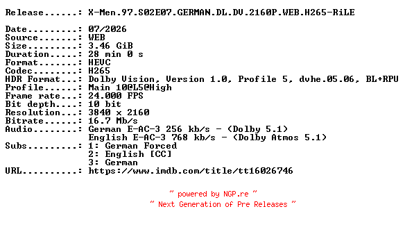 NFO for the release X-Men.97.S02E07.GERMAN.DL.DV.2160P.WEB.H265-RiLE by RiLE