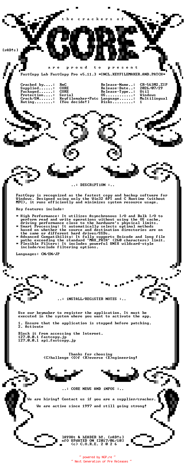 NFO for the release FastCopy.Lab.FastCopy.Pro.v5.11.3.x64.Multilingual.Incl.Keyfilemaker.and.Patch-CORE by CORE