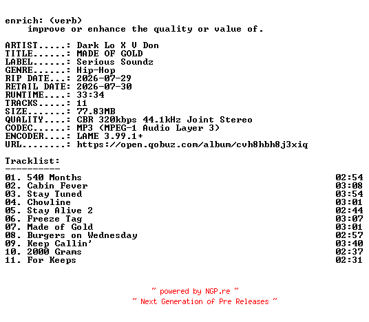 NFO for the release Dark_Lo_X_V_Don-MADE_OF_GOLD-WEB-2026-ENRiCH by ENRiCH