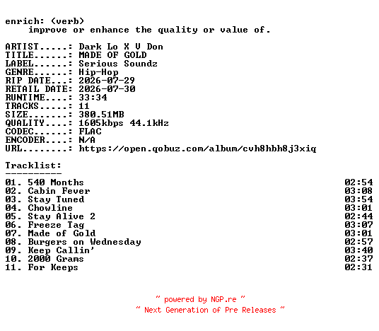 NFO for the release Dark_Lo_X_V_Don-MADE_OF_GOLD-24BIT-WEB-FLAC-2026-ENRiCH by ENRiCH