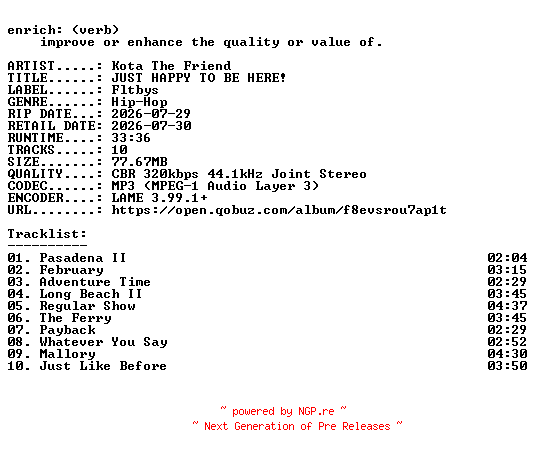 NFO for the release Kota_The_Friend-JUST_HAPPY_TO_BE_HERE-WEB-2026-ENRiCH by ENRiCH