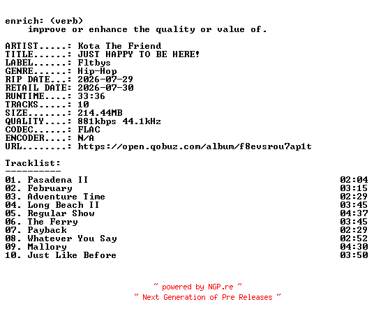 NFO for the release Kota_The_Friend-JUST_HAPPY_TO_BE_HERE-16BIT-WEB-FLAC-2026-ENRiCH by ENRiCH