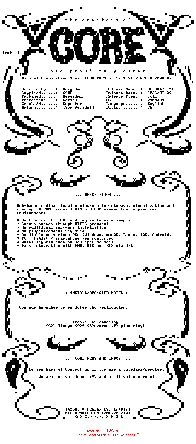 NFO for the release Digital.Corporation.SonicDICOM.PACS.v3.19.1.71.x64.Incl.Keymaker-CORE by CORE
