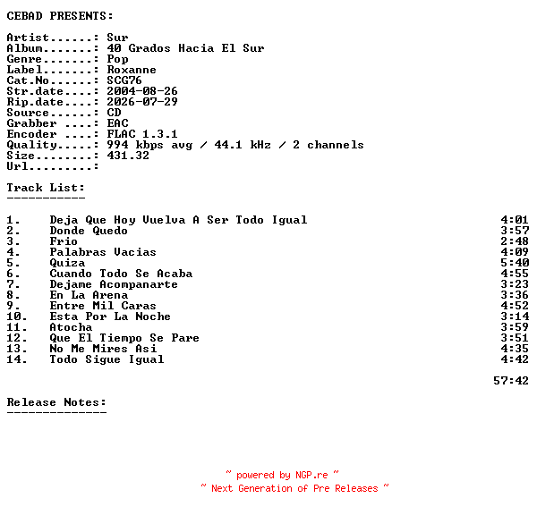 NFO for the release Sur-40_Grados_Hacia_El_Sur-(SCG76)-ES-CD-FLAC-2004-CEBAD by CEBAD