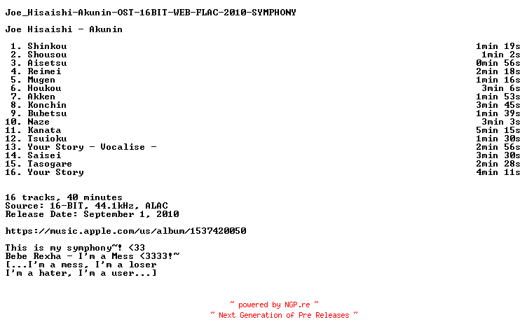 NFO for the release Joe_Hisaishi-Akunin-OST-16BIT-WEB-FLAC-2010-SYMPHONY by SYMPHONY