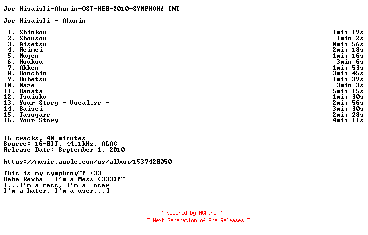 NFO for the release Joe_Hisaishi-Akunin-OST-WEB-2010-SYMPHONY_INT by SYMPHONY_INT