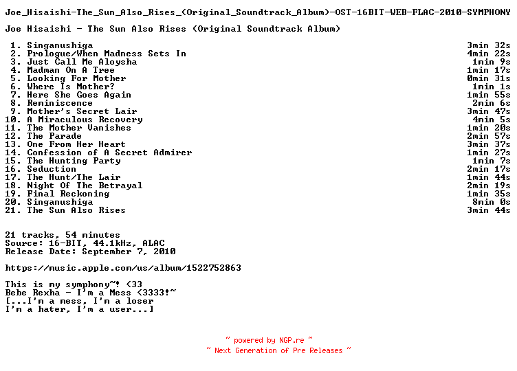NFO for the release Joe_Hisaishi-The_Sun_Also_Rises_(Original_Soundtrack_Album)-OST-16BIT-WEB-FLAC-2010-SYMPHONY by SYMPHONY