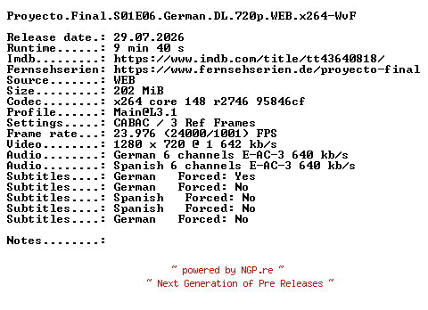 NFO for the release Proyecto.Final.S01E06.German.DL.720p.WEB.x264-WvF by WvF