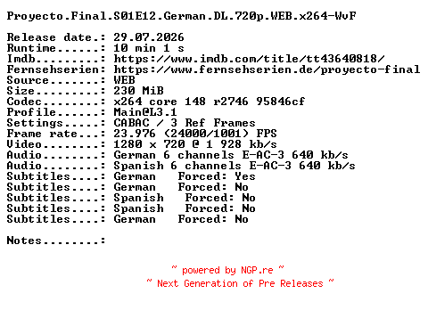 NFO for the release Proyecto.Final.S01E12.German.DL.720p.WEB.x264-WvF by WvF