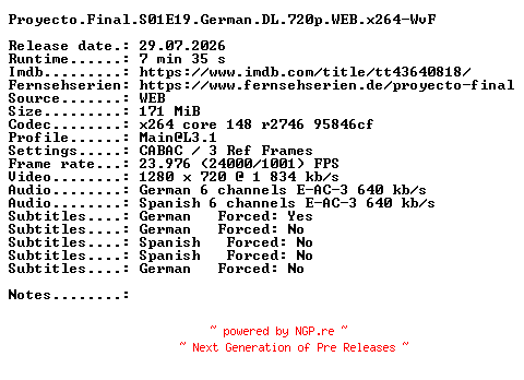 NFO for the release Proyecto.Final.S01E19.German.DL.720p.WEB.x264-WvF by WvF