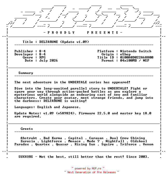 NFO for the release DELTARUNE_Update_v1.09_NSW-SUXXORS by SUXXORS