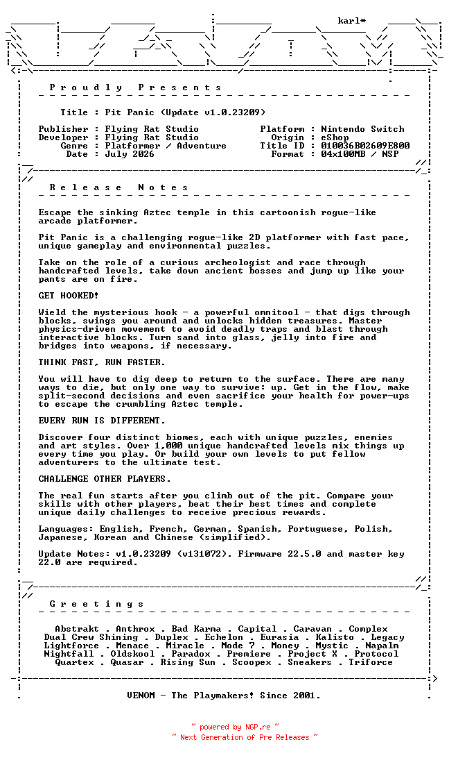 NFO for the release Pit_Panic_Update_v1.0.23209_NSW-VENOM by VENOM