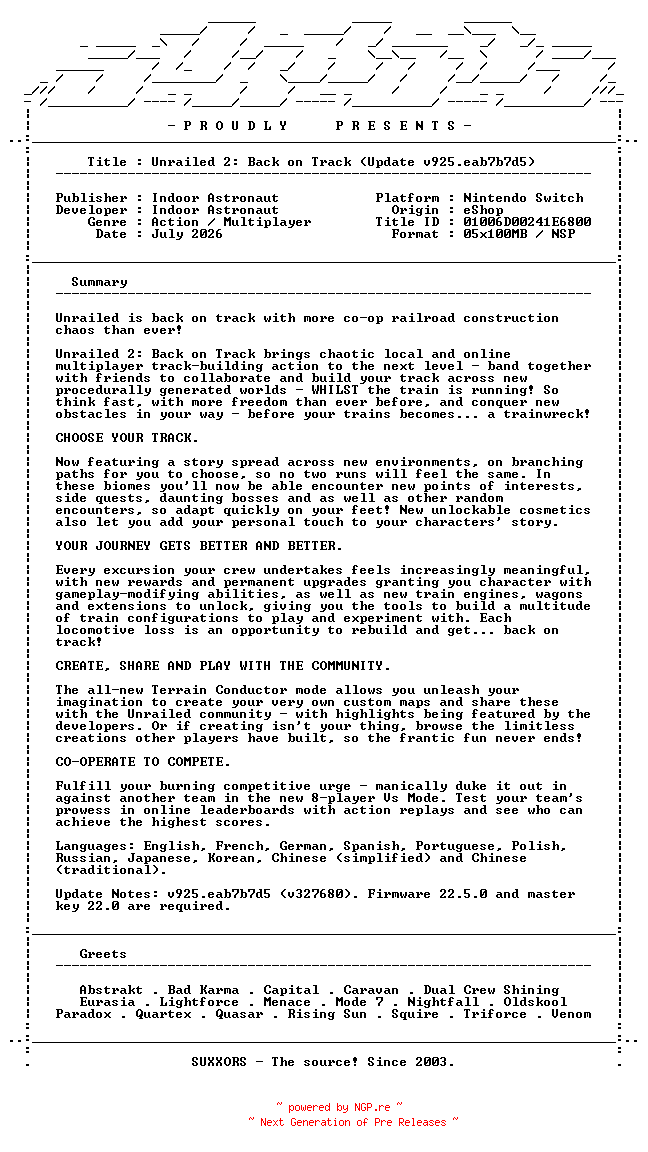NFO for the release Unrailed_2_Back_on_Track_Update_v925.eab7b7d5_NSW-SUXXORS by SUXXORS