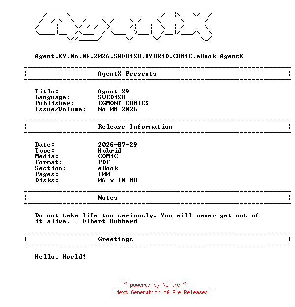 NFO for the release Agent.X9.No.08.2026.SWEDiSH.HYBRiD.COMiC.eBook-AgentX by AgentX