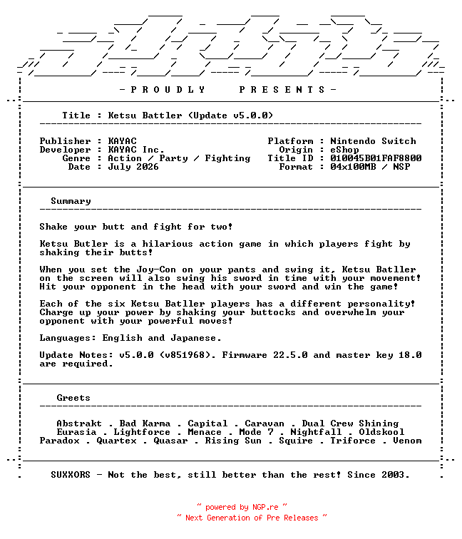 NFO for the release Ketsu_Battler_Update_v5.0.0_NSW-SUXXORS by SUXXORS