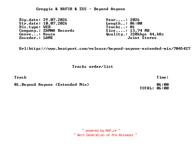 NFO for the release Greggio_And_KAF3R_And_ZSS_-_Beyond_Anyone-(ZR023D)-SINGLE-WEB-2026-FMC by FMC