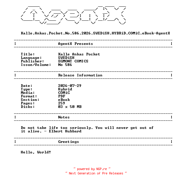 NFO for the release Kalle.Ankas.Pocket.No.586.2026.SWEDiSH.HYBRiD.COMiC.eBook-AgentX by AgentX