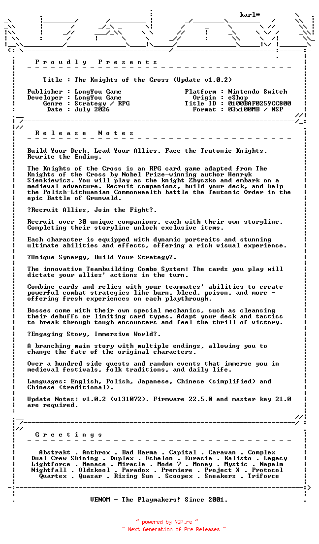 NFO for the release The_Knights_of_the_Cross_Update_v1.0.2_NSW-VENOM by VENOM