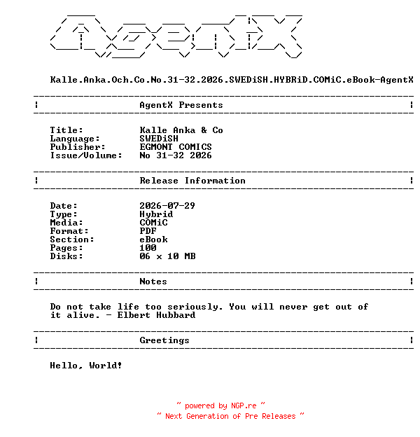NFO for the release Kalle.Anka.Och.Co.No.31-32.2026.SWEDiSH.HYBRiD.COMiC.eBook-AgentX by AgentX