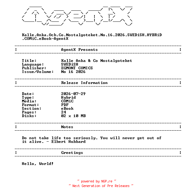 NFO for the release Kalle.Anka.Och.Co.Nostalgoteket.No.16.2026.SWEDiSH.HYBRiD.COMiC.eBook-AgentX by AgentX