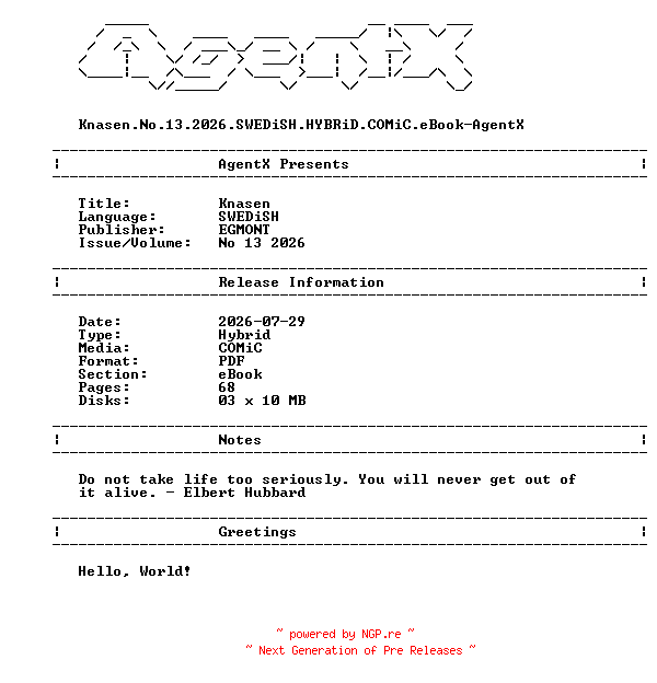 NFO for the release Knasen.No.13.2026.SWEDiSH.HYBRiD.COMiC.eBook-AgentX by AgentX