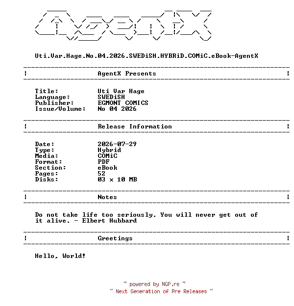 NFO for the release Uti.Var.Hage.No.04.2026.SWEDiSH.HYBRiD.COMiC.eBook-AgentX by AgentX