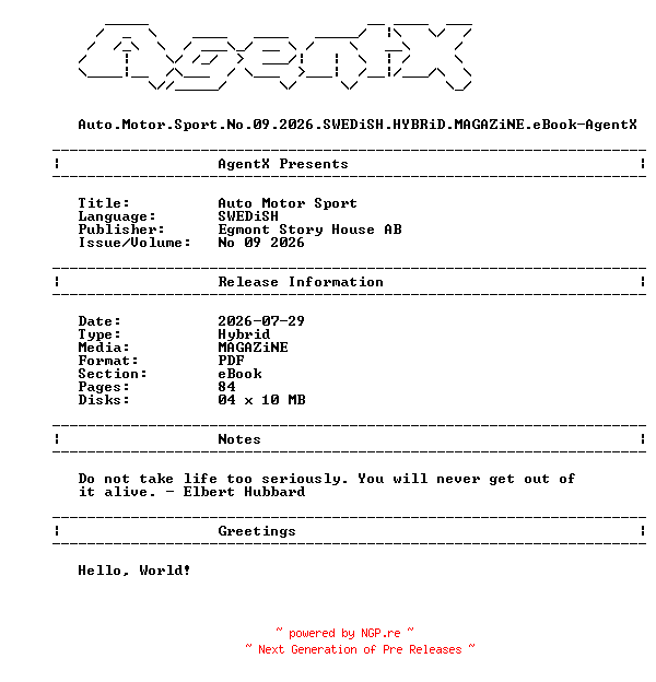 NFO for the release Auto.Motor.Sport.No.09.2026.SWEDiSH.HYBRiD.MAGAZiNE.eBook-AgentX by AgentX