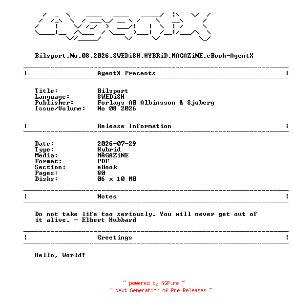 NFO for the release Bilsport.No.08.2026.SWEDiSH.HYBRiD.MAGAZiNE.eBook-AgentX by AgentX