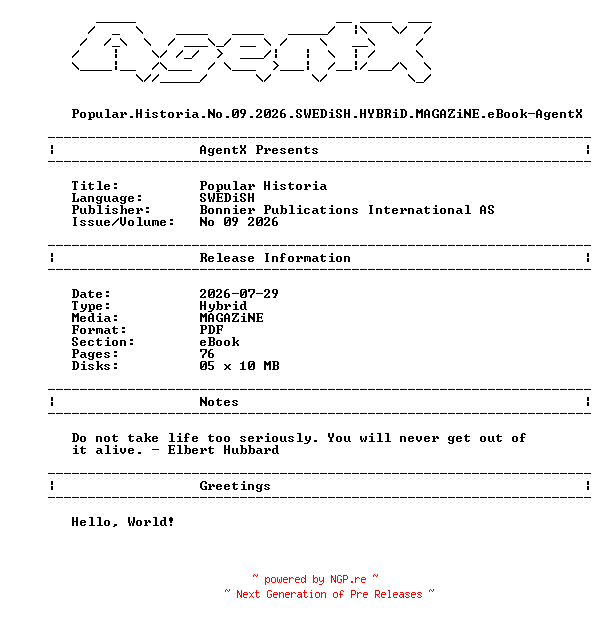 NFO for the release Popular.Historia.No.09.2026.SWEDiSH.HYBRiD.MAGAZiNE.eBook-AgentX by AgentX