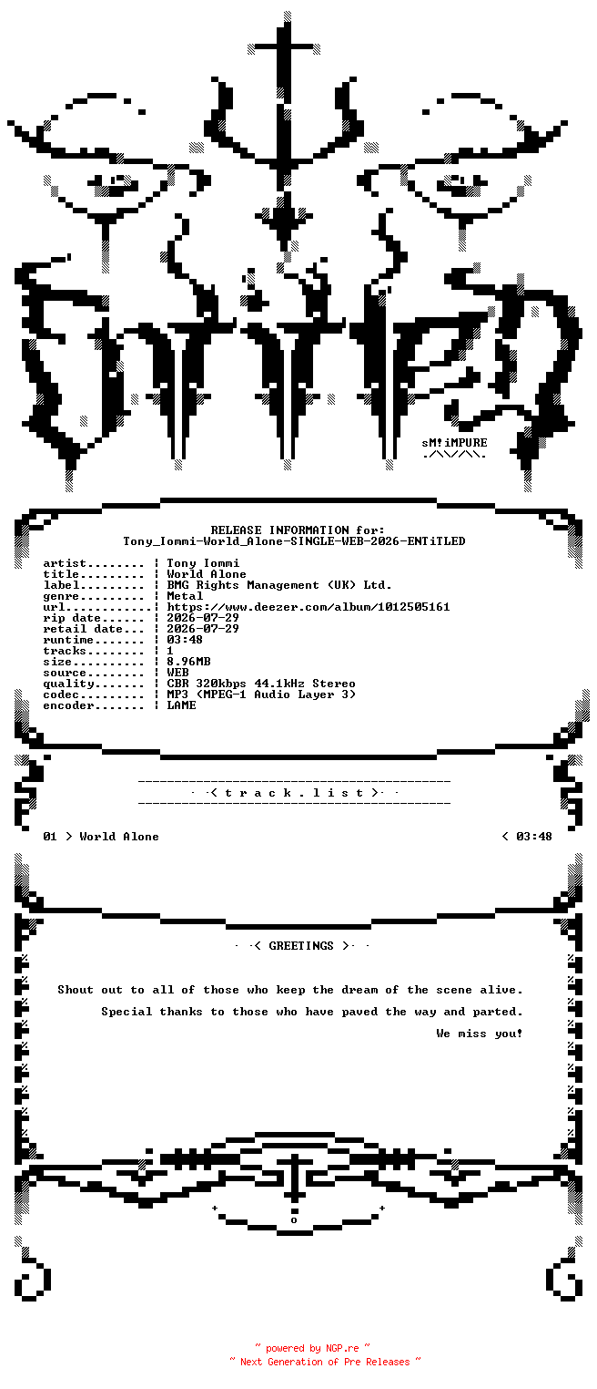 NFO for the release Tony_Iommi-World_Alone-SINGLE-WEB-2026-ENTiTLED by ENTiTLED