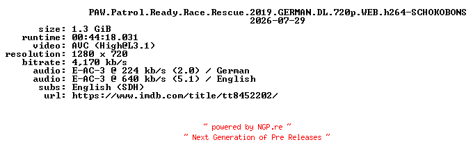 NFO for the release PAW.Patrol.Ready.Race.Rescue.2019.GERMAN.DL.720p.WEB.h264-SCHOKOBONS by SCHOKOBONS