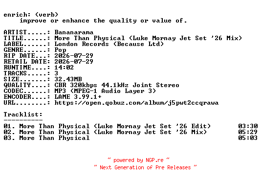 NFO for the release Bananarama-More_Than_Physical_(Luke_Mornay_Jet_Set_26_Mix)-SINGLE-WEB-2026-ENRiCH by ENRiCH