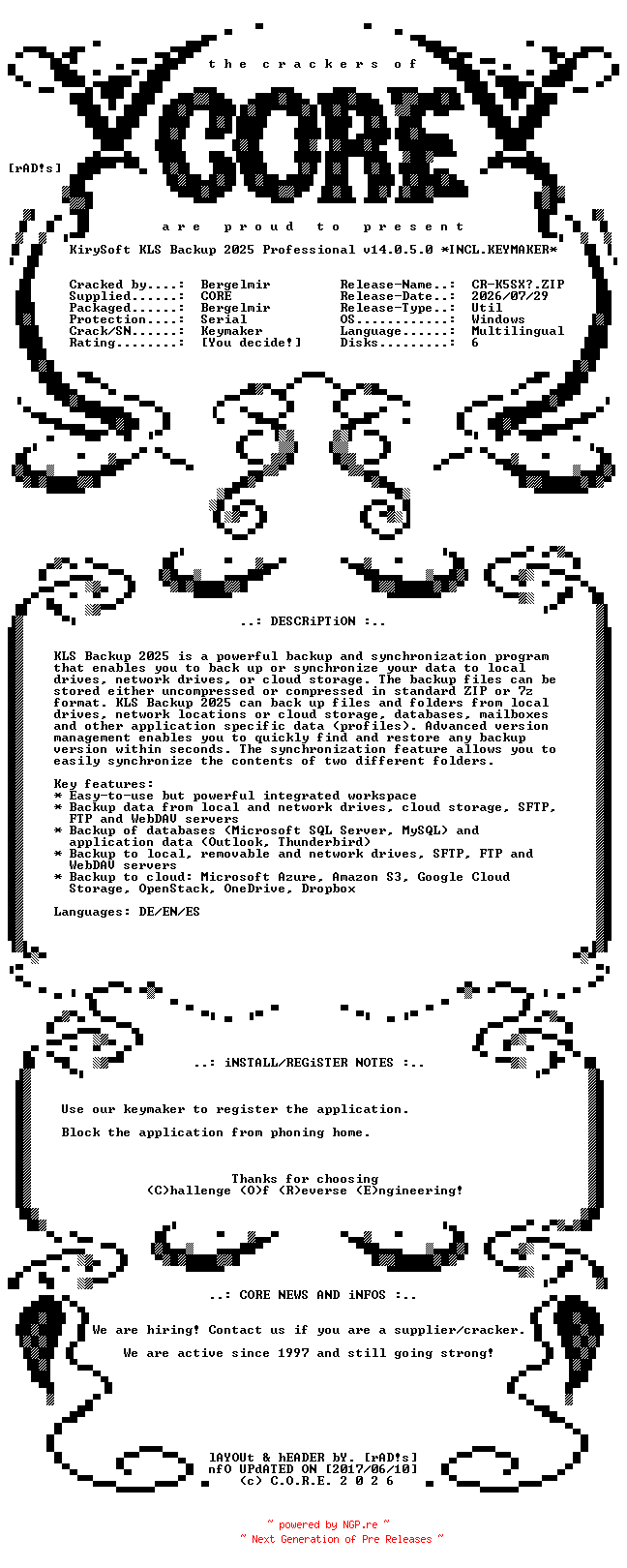 NFO for the release KirySoft.KLS.Backup.2025.Professional.v14.0.5.0.x64.Multilingual.Incl.Keymaker-CORE by CORE