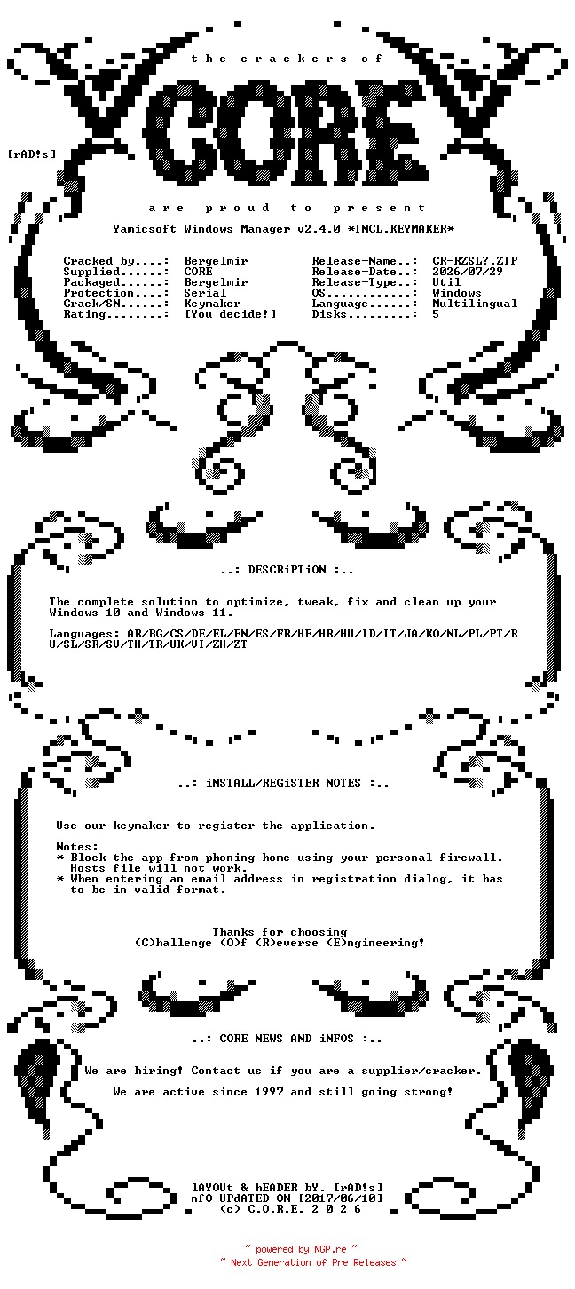 NFO for the release Yamicsoft.Windows.Manager.v2.4.0.Multilingual.Incl.Keymaker-CORE by CORE