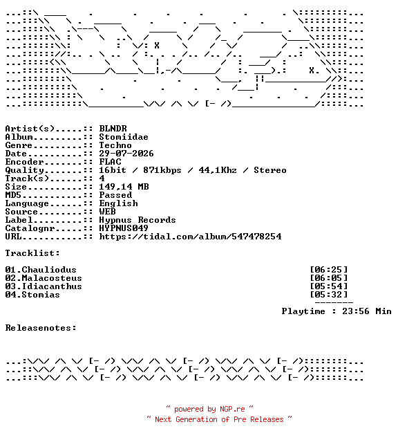 NFO for the release BLNDR-Stomiidae-HYPNUS049-16BIT-WEB-FLAC-2026-WAVED by WAVED